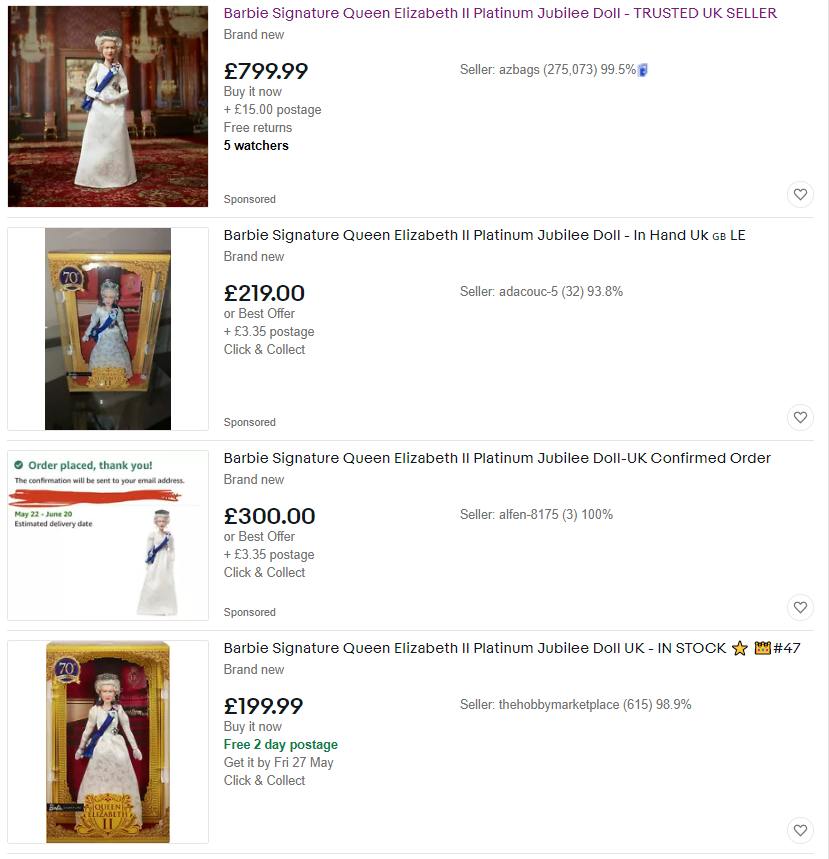 eBay listings for the Platinum Jubilee Barbie Doll