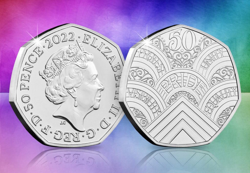 The 2022 UK 50 Years of Pride Brilliant Uncirculated 50p Obverse and Reverse