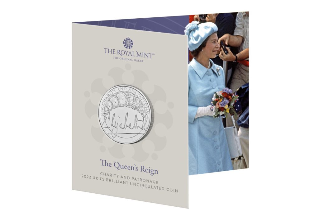 The UK 2022 Queen’s Reign: Charity and Patronage £5 Coin in BU Pack