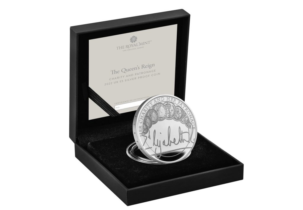The UK 2022 Queen’s Reign: Charity and Patronage Silver Proof £5 Coin in Presentation Box